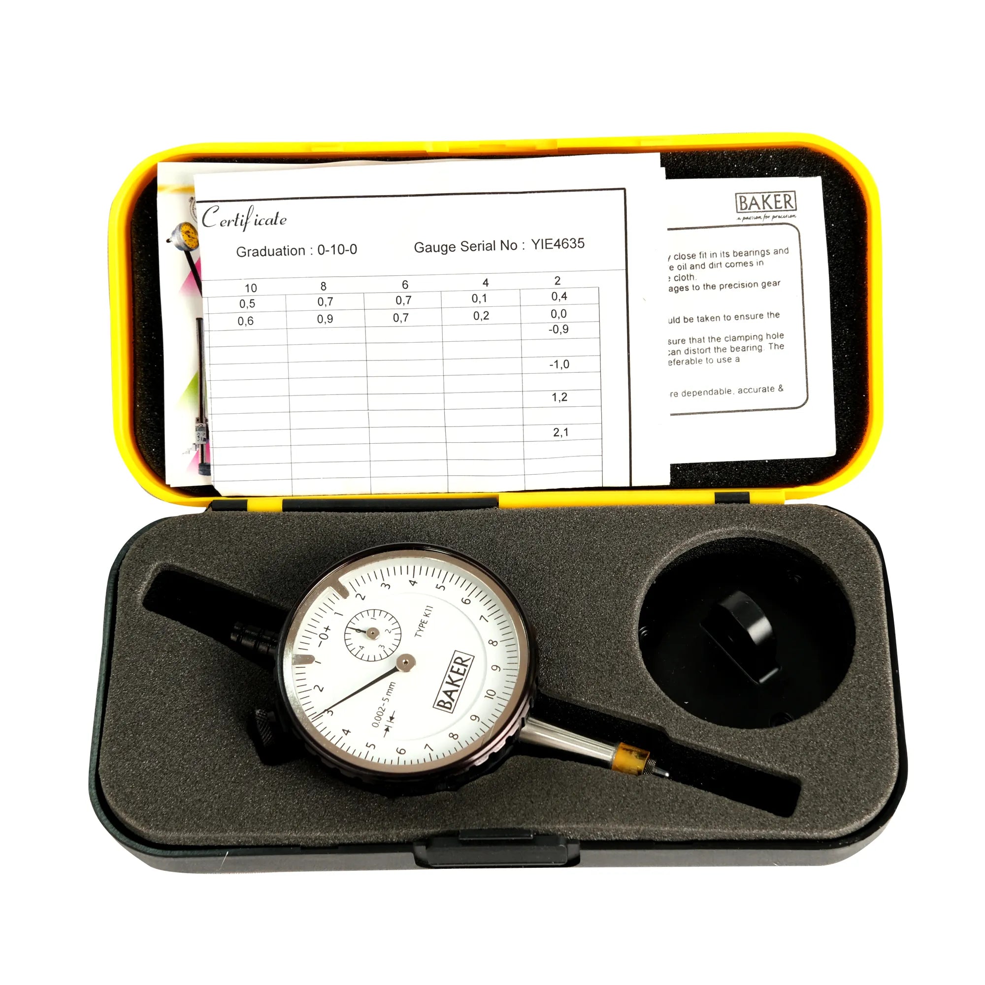 Baker gauge in a black case with yellow interior on a white background