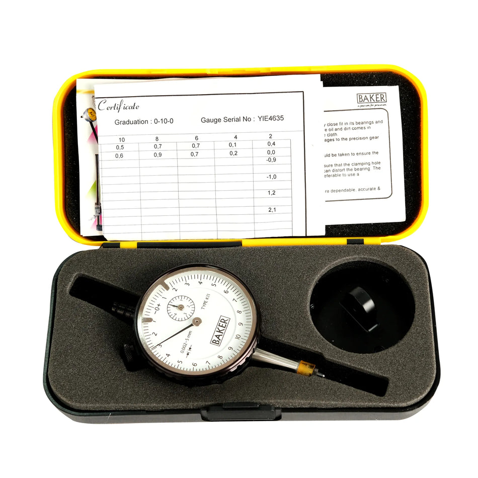 Baker gauge in a black case with yellow interior on a white background