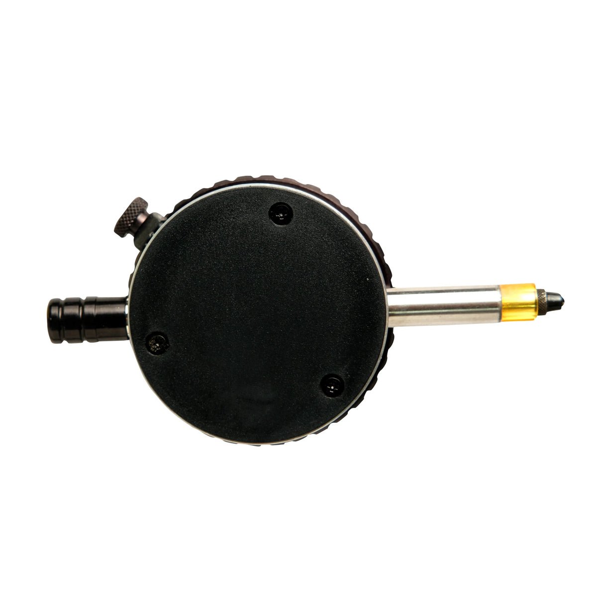 Black mechanical component with a cylindrical shaft on a white background