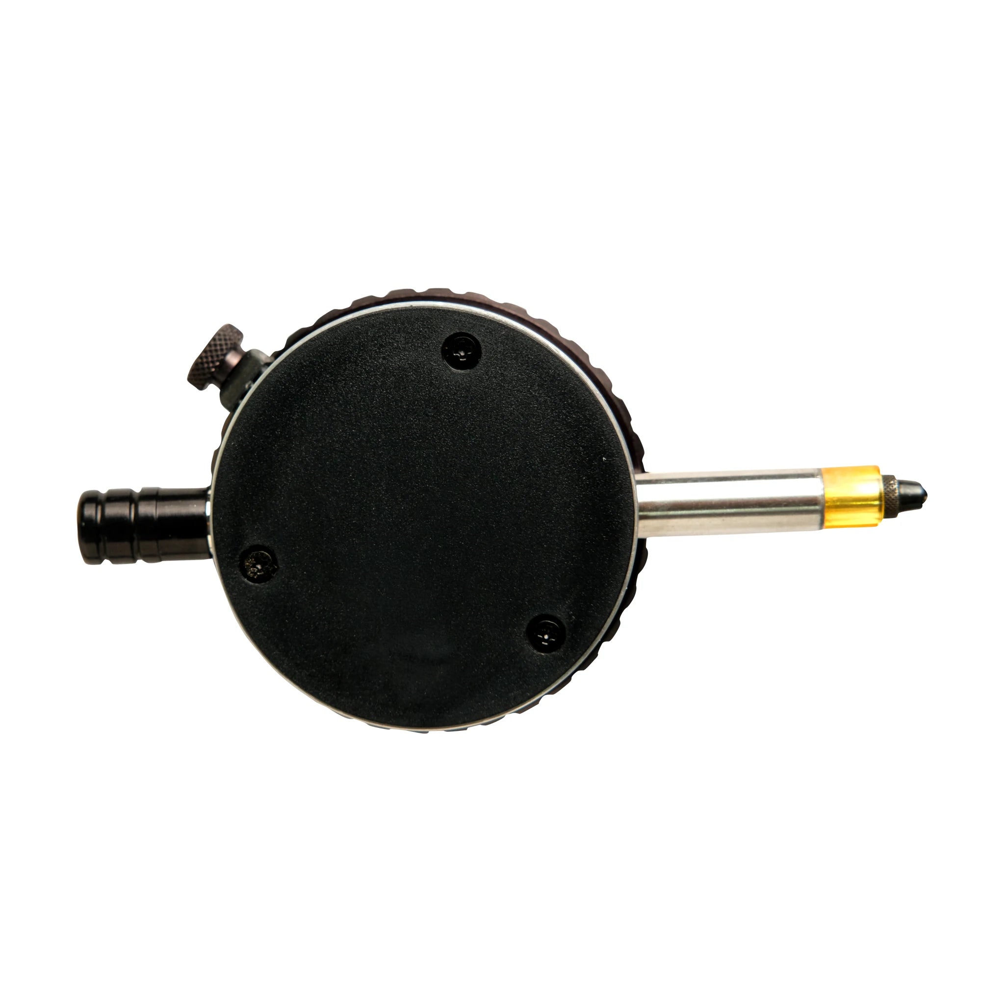Black mechanical component with a cylindrical shaft on a white background