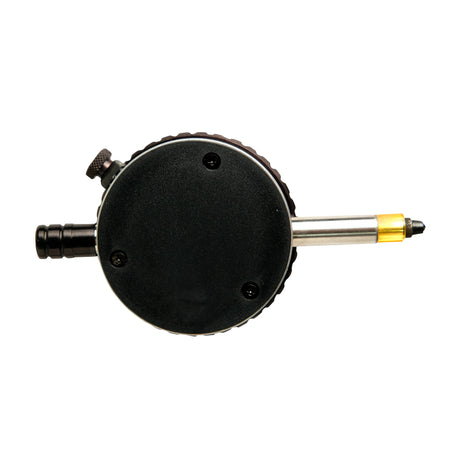 Black mechanical component with a cylindrical shaft on a white background