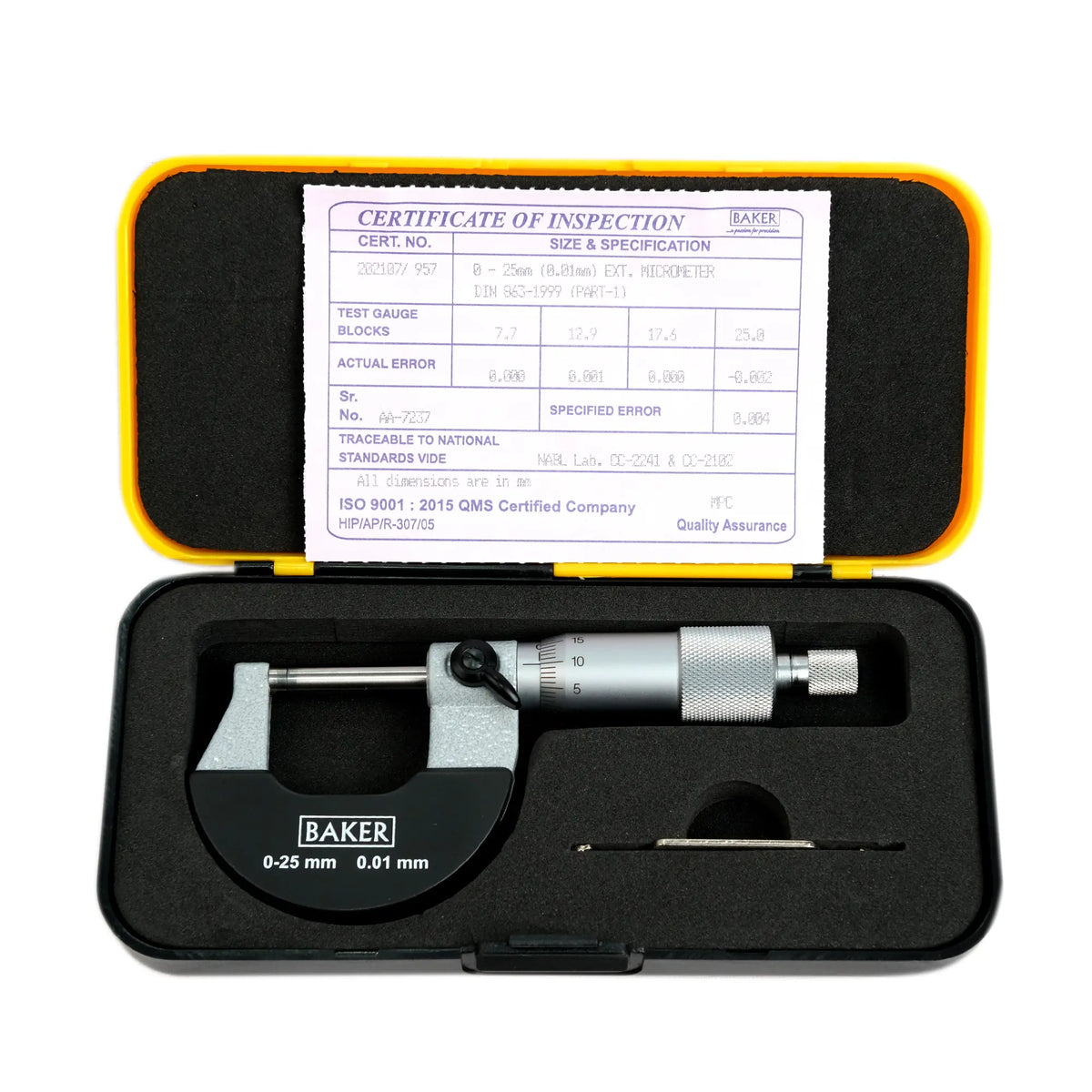 Baker micrometer in a black case with a yellow lid on a white background