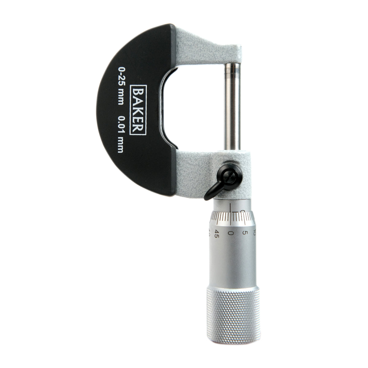 A Baker brand outside micrometer with a range of 0-25 mm and a reading precision of 0.01 mm, featuring a silver body and black detailing.