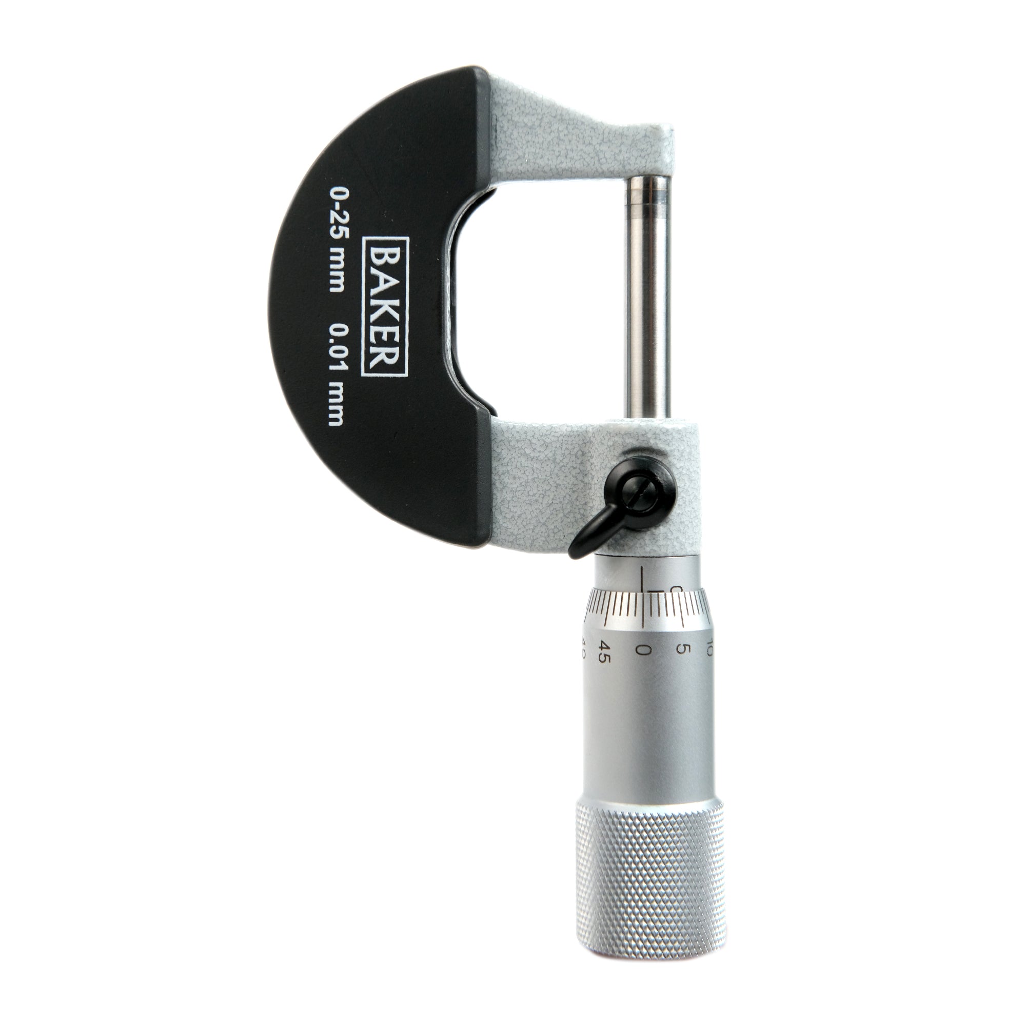 A Baker brand outside micrometer with a range of 0-25 mm and a reading precision of 0.01 mm, featuring a silver body and black detailing.