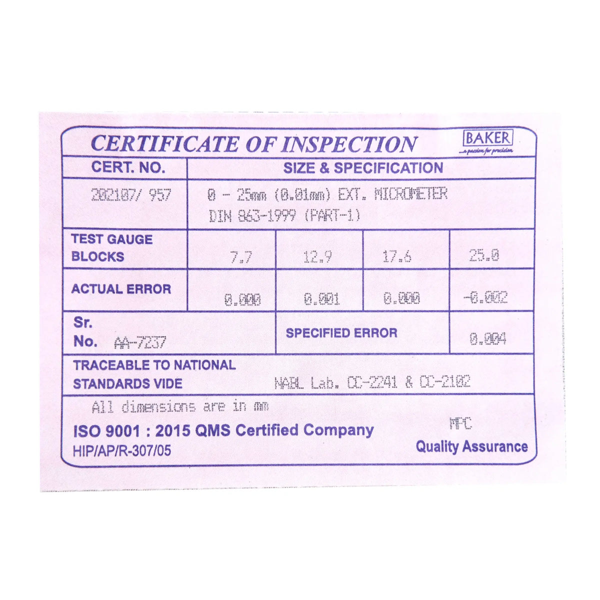 Certificate of Inspection for test gauge blocks with specifications on a white background