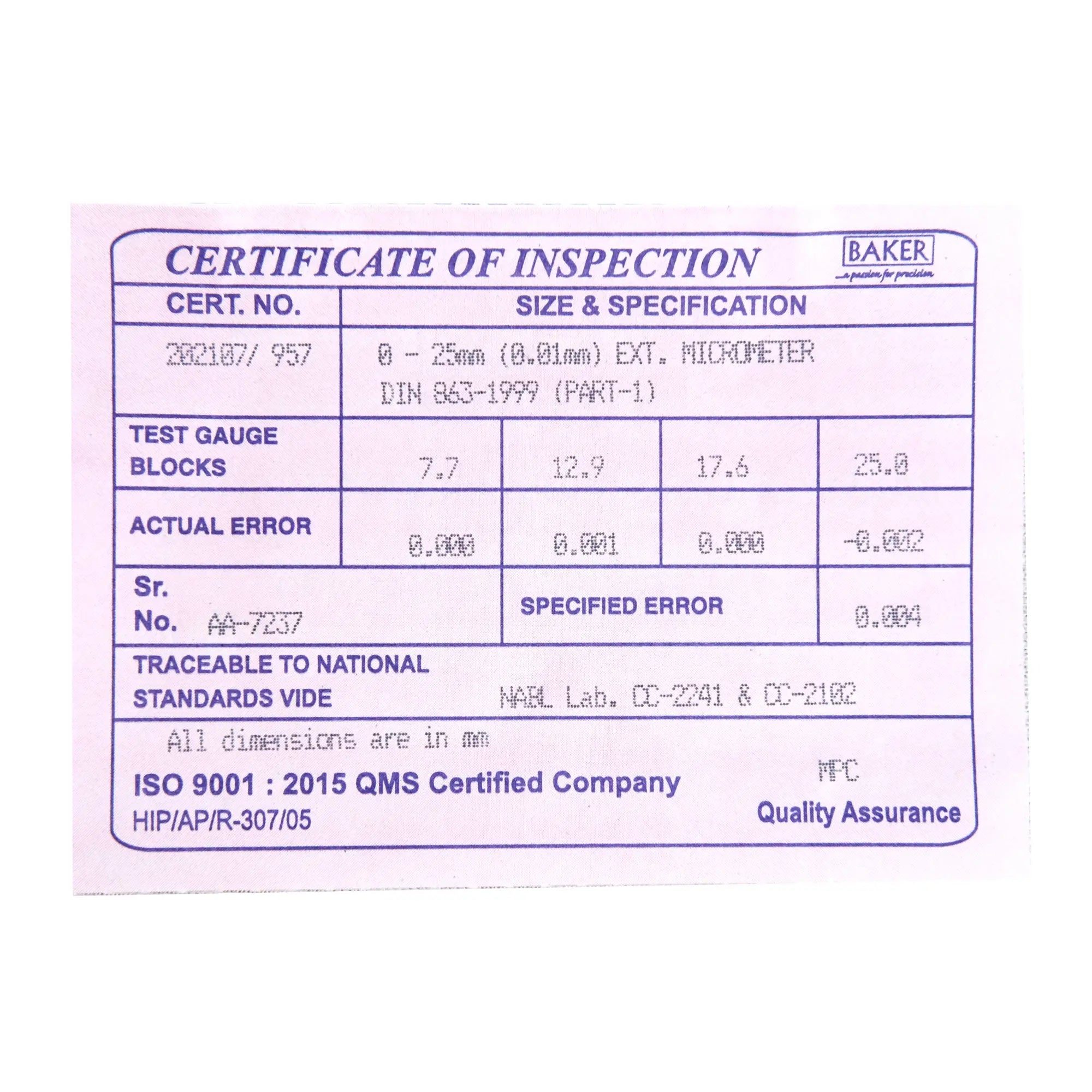 Certificate of Inspection for test gauge blocks with specifications on a white background