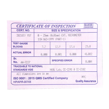 Certificate of Inspection for test gauge blocks with specifications on a white background