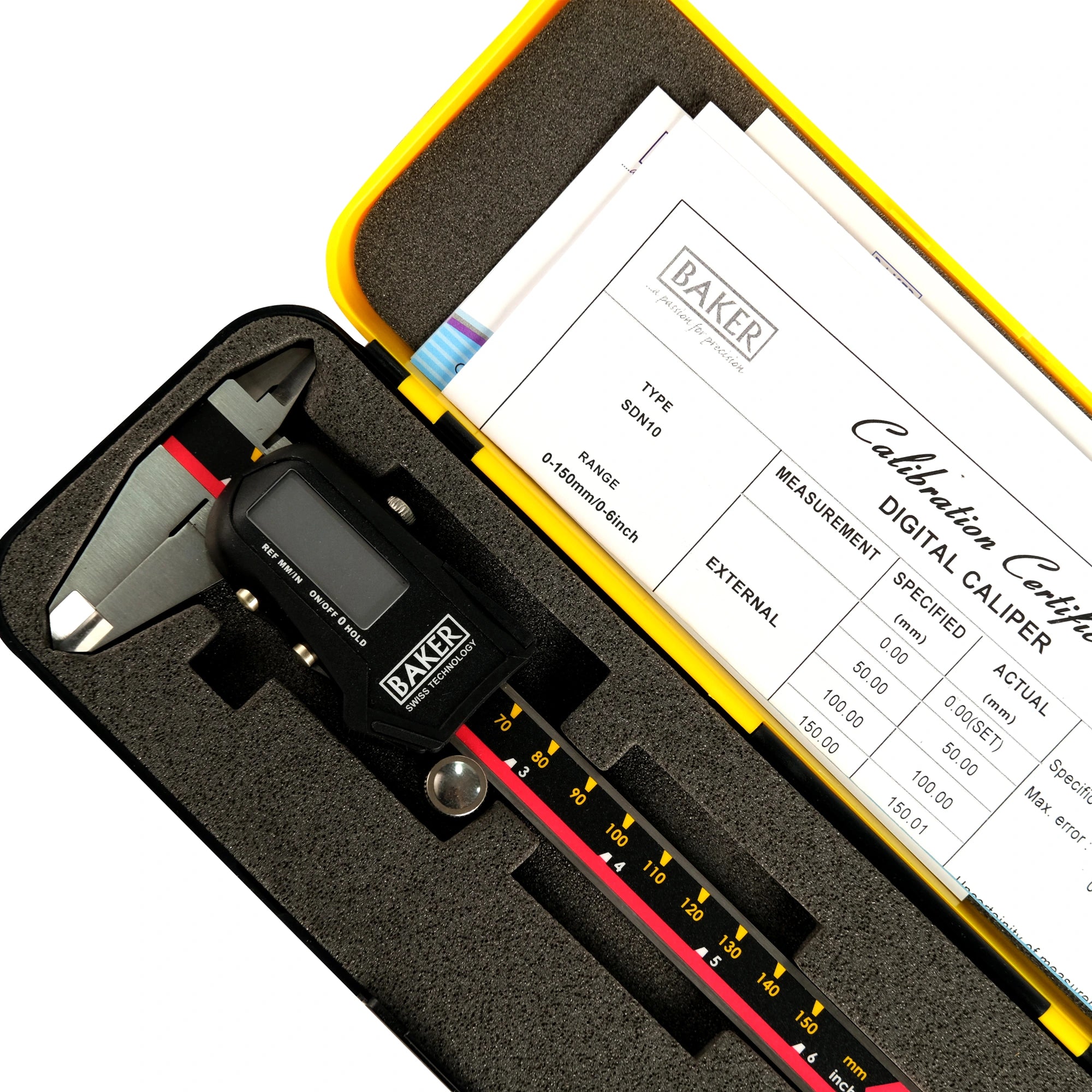 Digital caliper in a yellow and black case with calibration certificate on white background