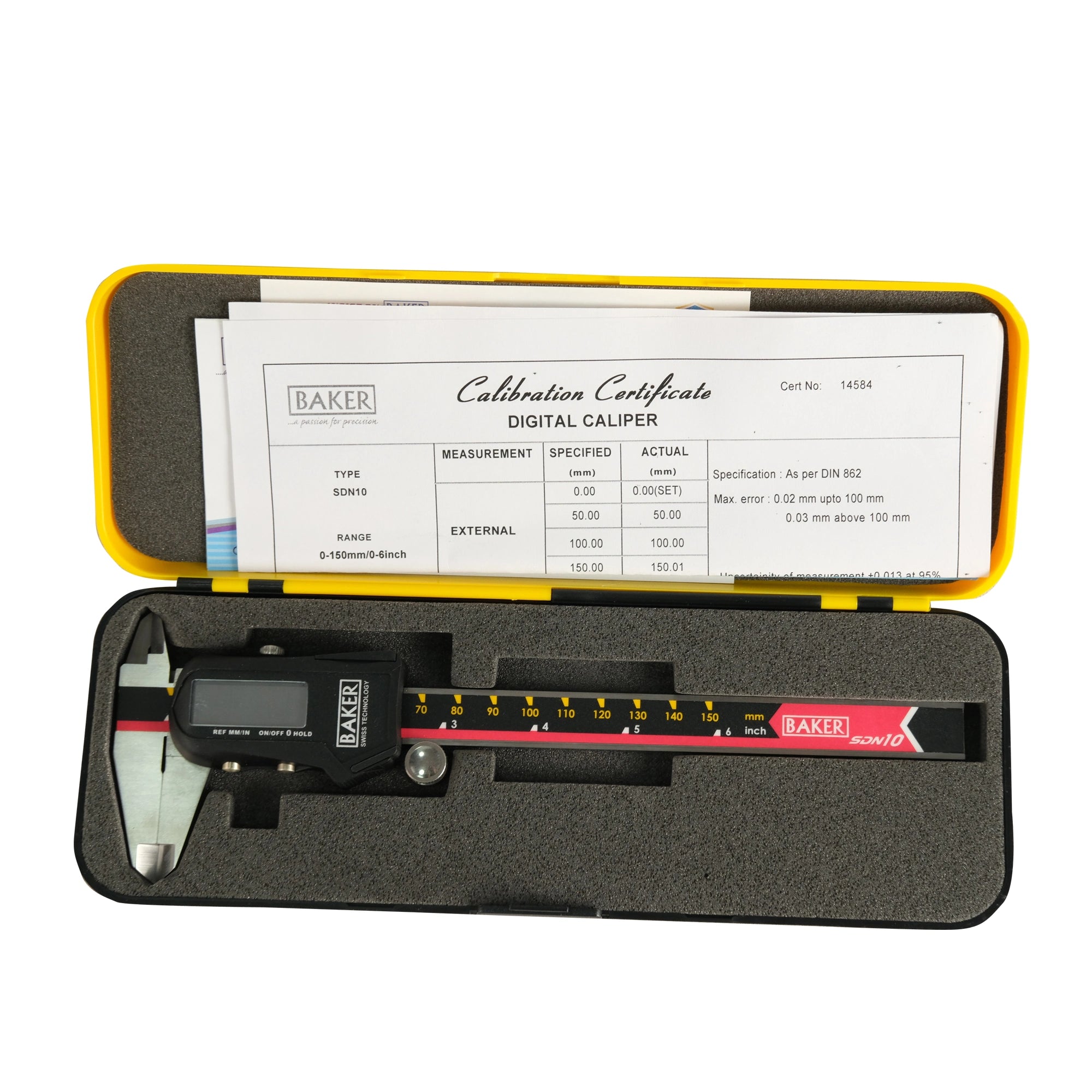 Digital caliper in a yellow and black case with a calibration certificate on a white background