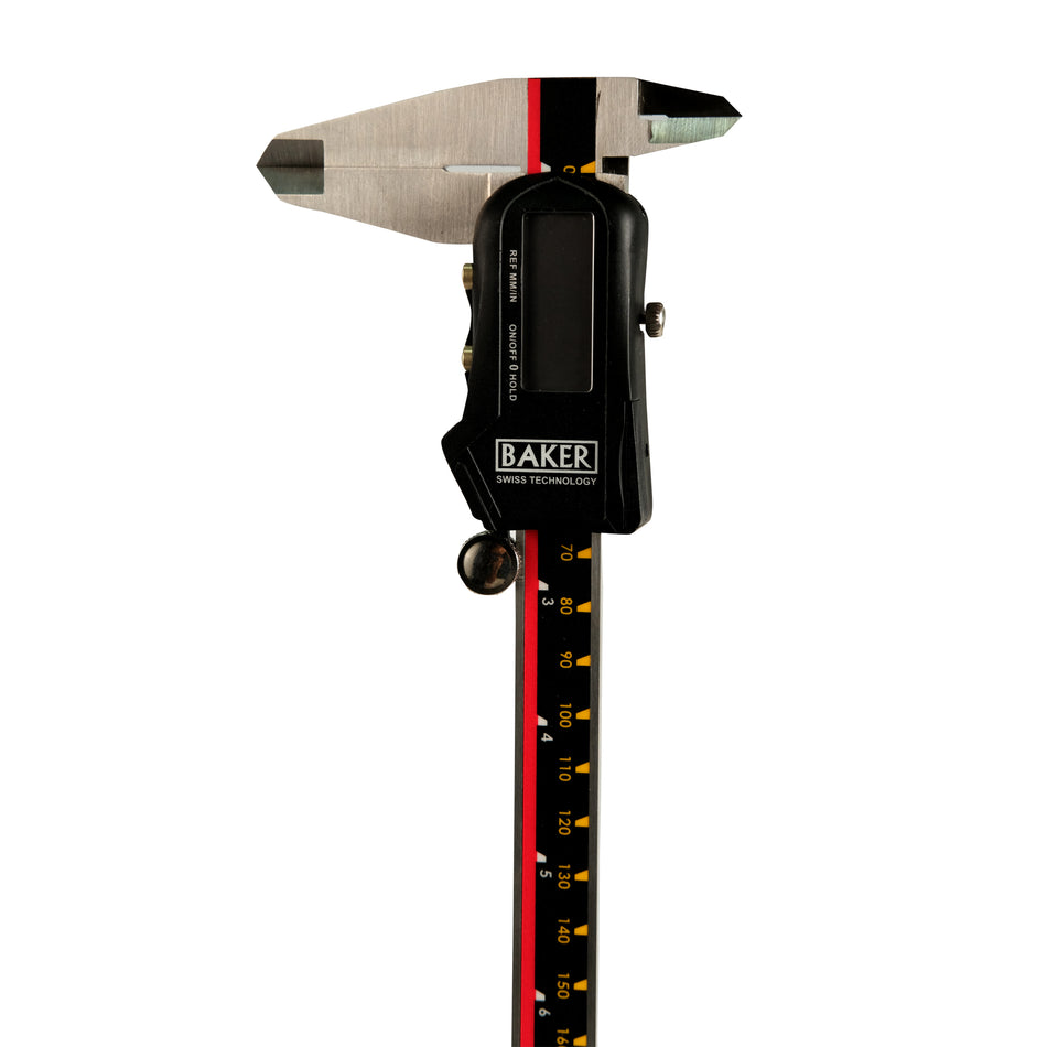 A digital caliper with black and red color scheme, branded with BAKER, with a digital display and stainless steel jaws.