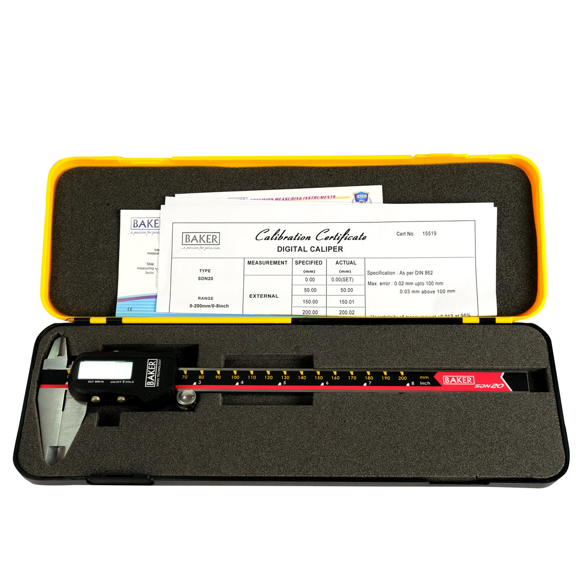 Digital caliper in a black case with certification documents on a white background