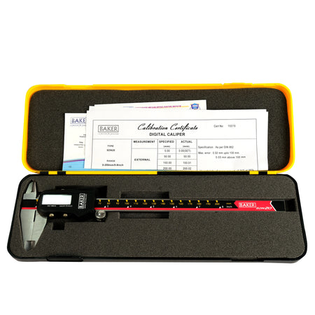 Digital caliper in a black case with certification documents on a white background