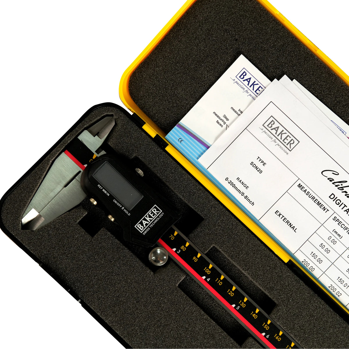 Digital caliper in a black case with a yellow interior, showing 'Baker' branding.