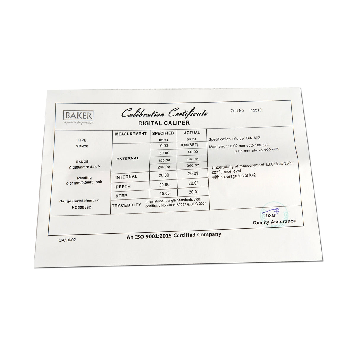 Calibration certificate for a digital caliper on a white background