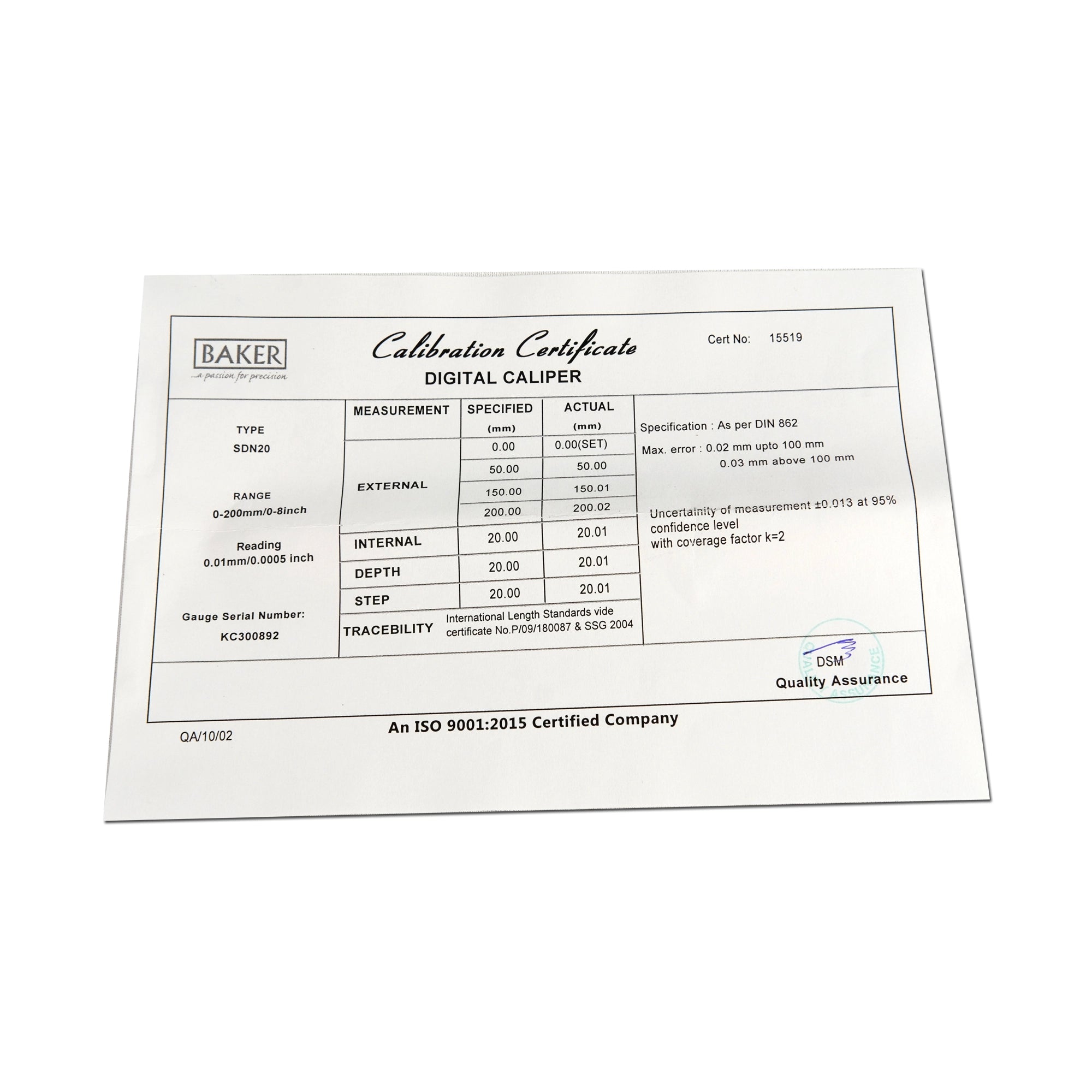 Calibration certificate for a digital caliper on a white background