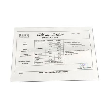 Calibration certificate for a digital caliper on a white background