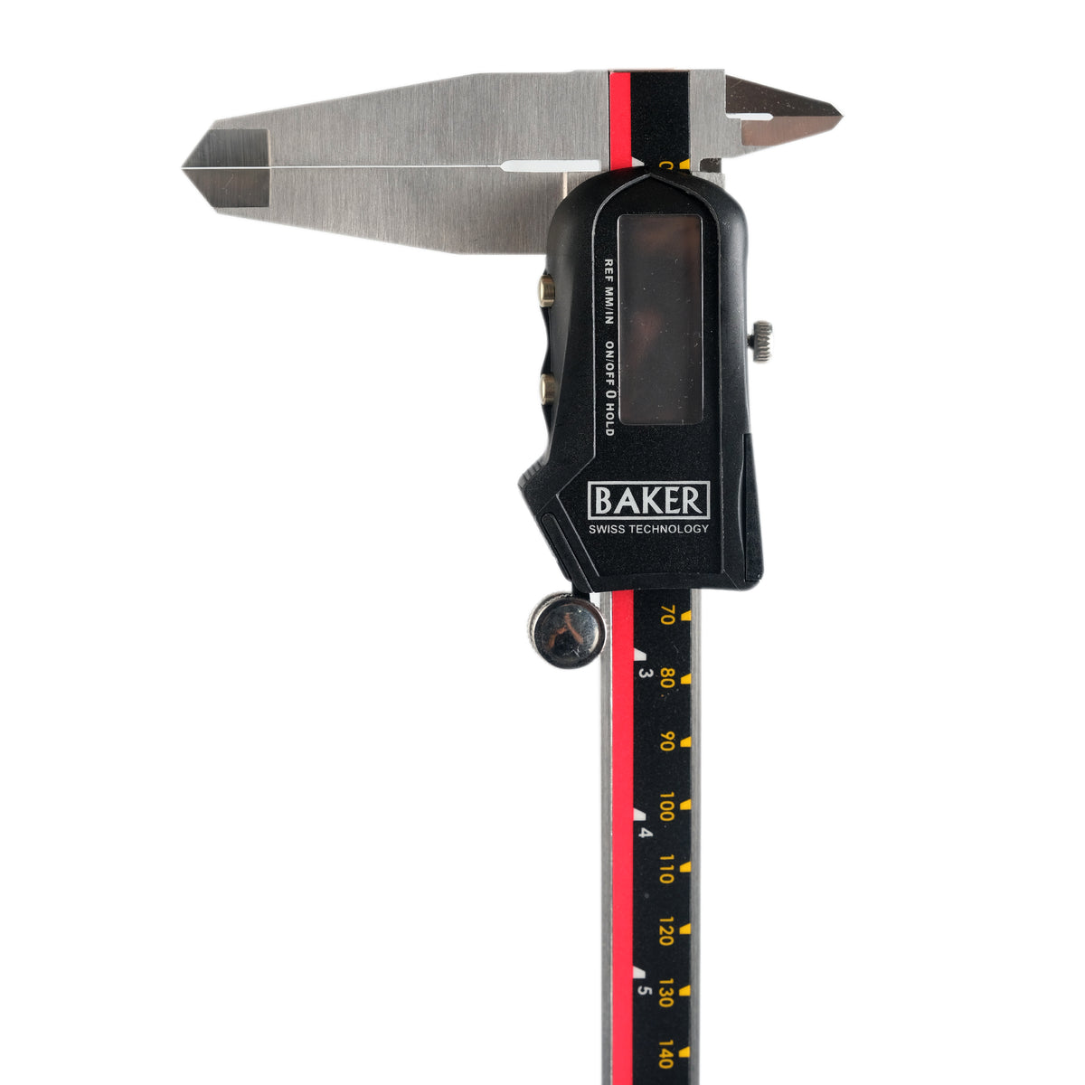 A digital caliper with a black, gray, and red color scheme, featuring a digital display and stainless steel jaws.