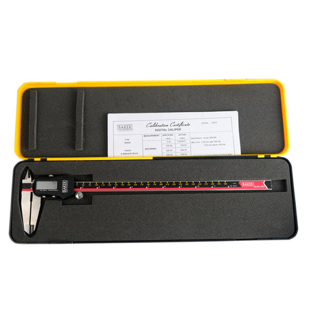 Digital caliper in a black case with a yellow interior, featuring a calibration certificate.