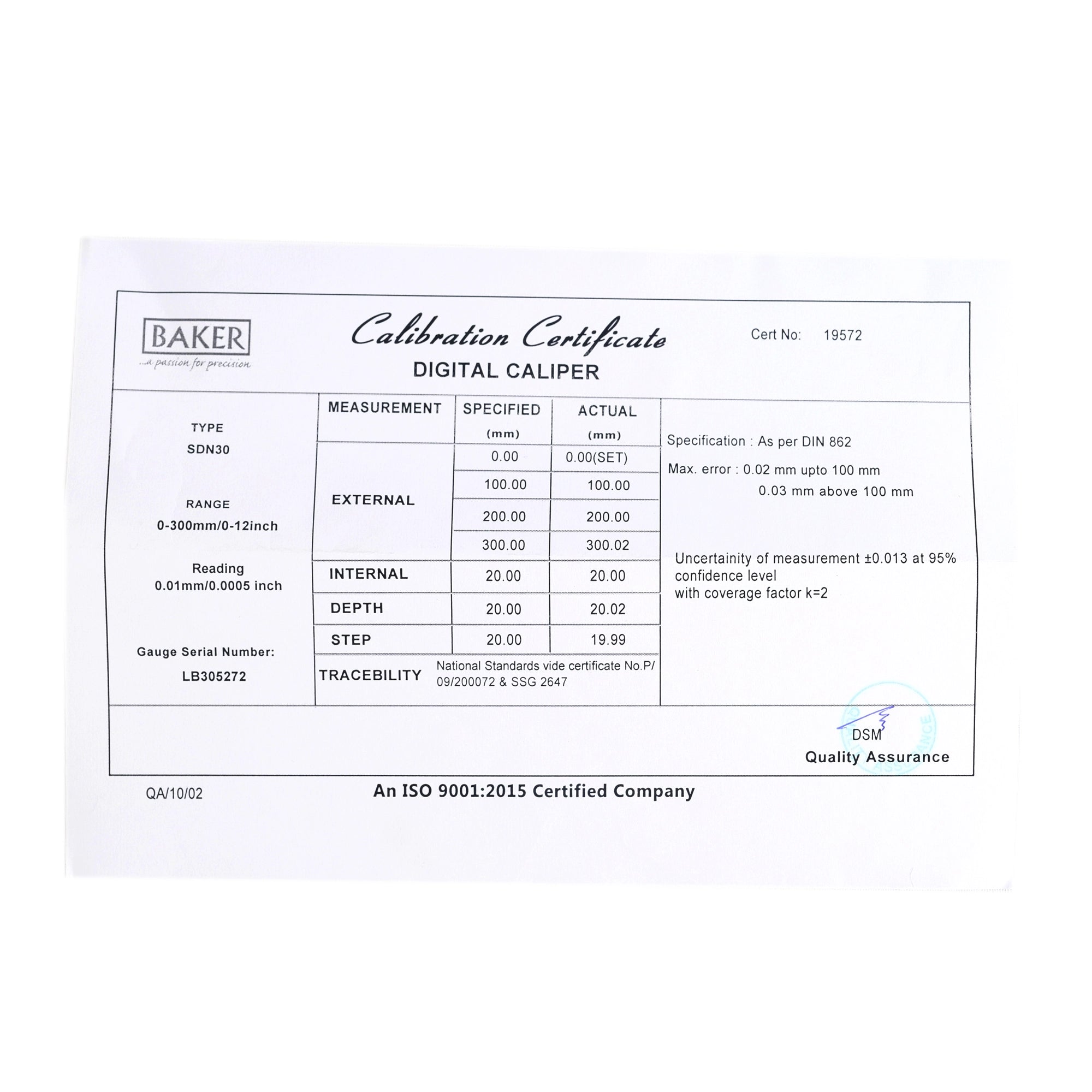 Calibration certificate for a digital caliper with specifications and measurements.
