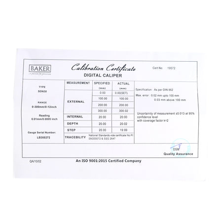 Calibration certificate for a digital caliper with specifications and measurements.