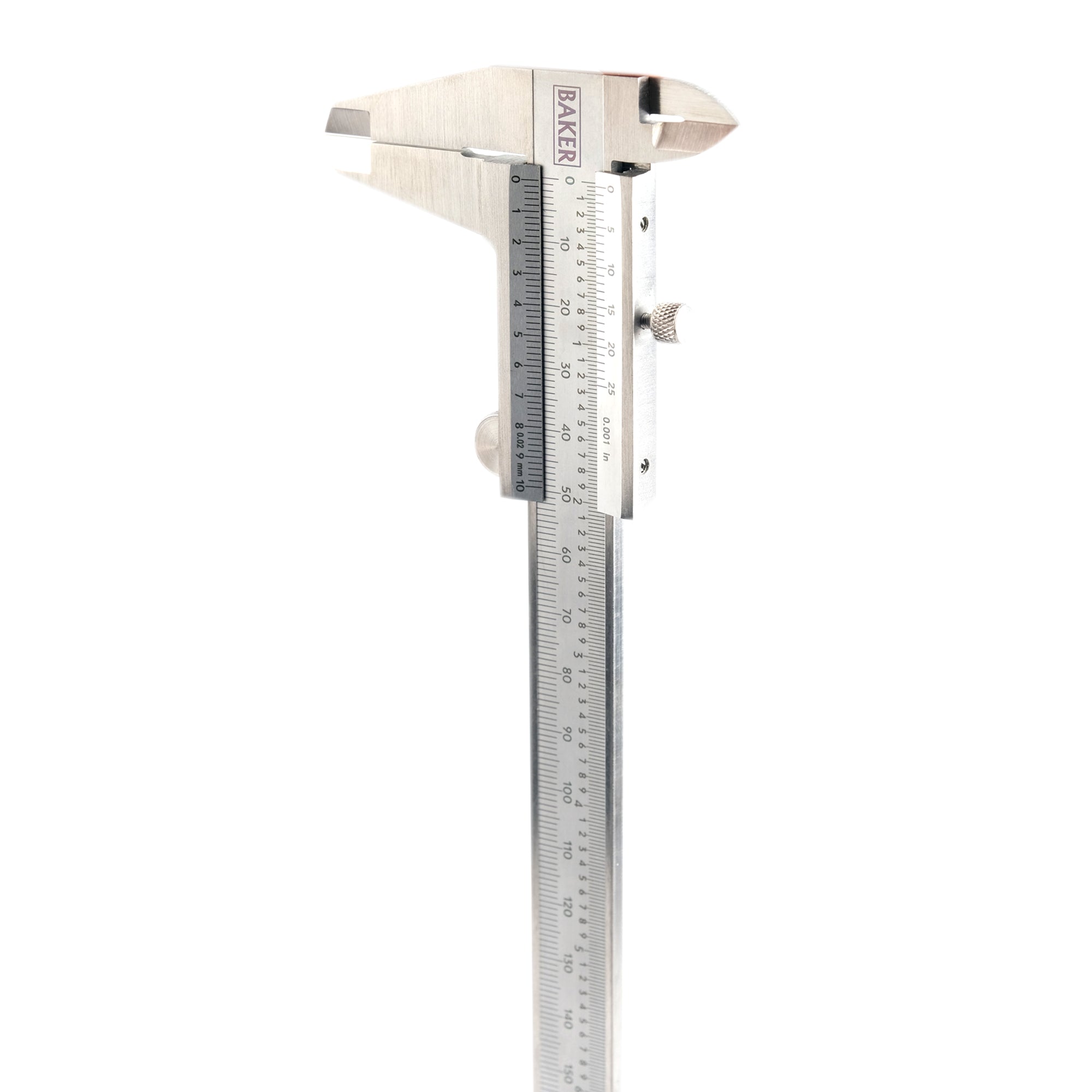 A silver-colored Baker VC-10 vernier caliper with a range of 0-150 mm, featuring a dial for measurements and stainless steel jaws.