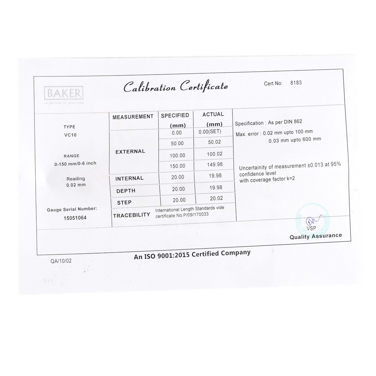 Calibration certificate with measurement details on a white background