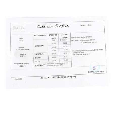 Calibration certificate with measurement details on a white background
