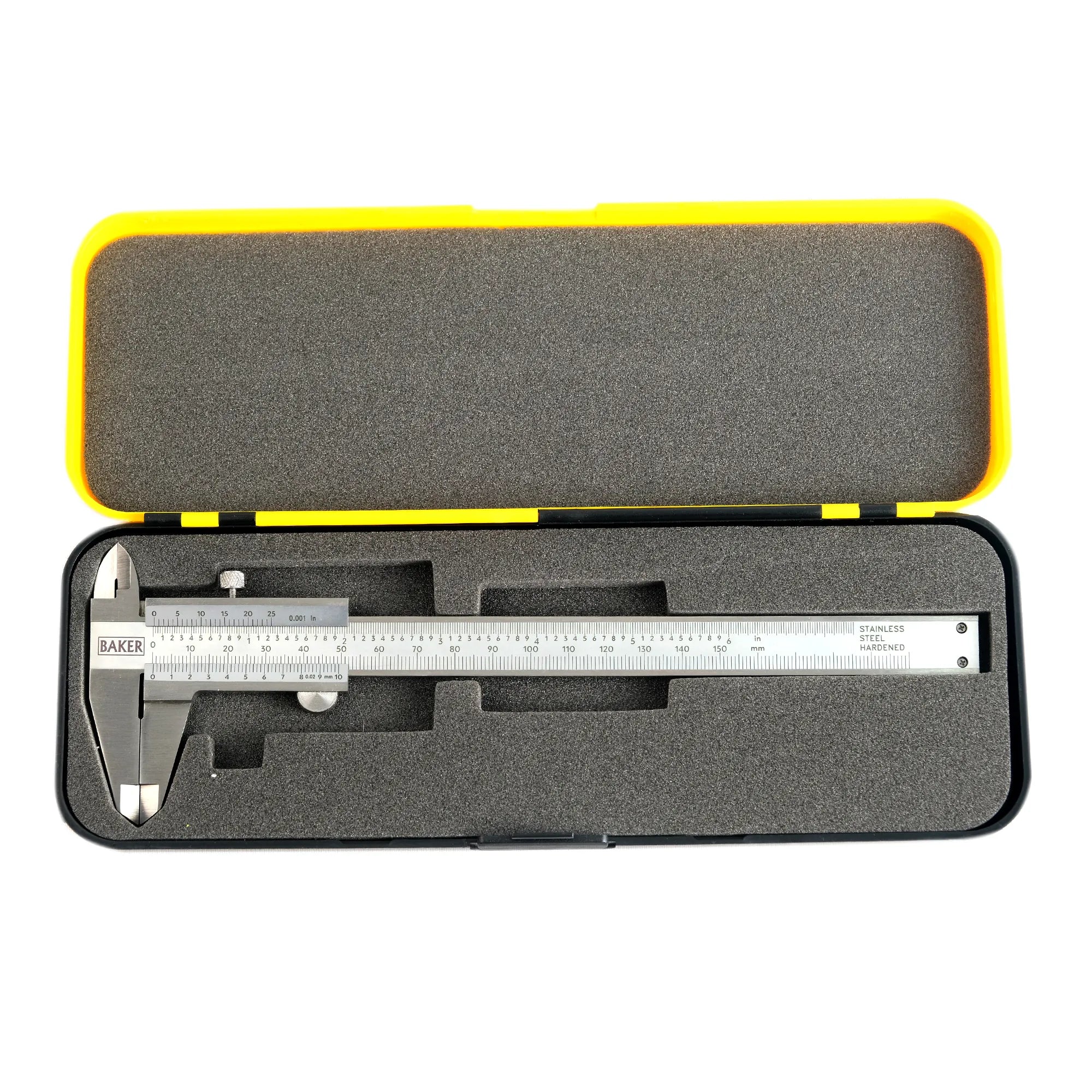 Caliper in a black case with yellow interior on a white background