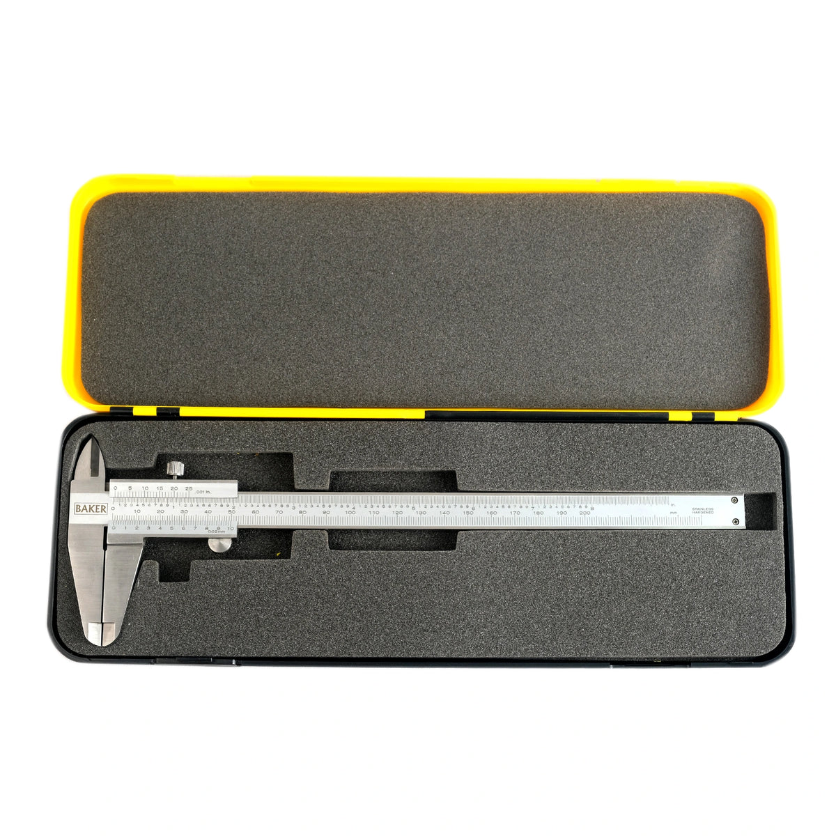 Caliper in a black case with yellow interior on a white background