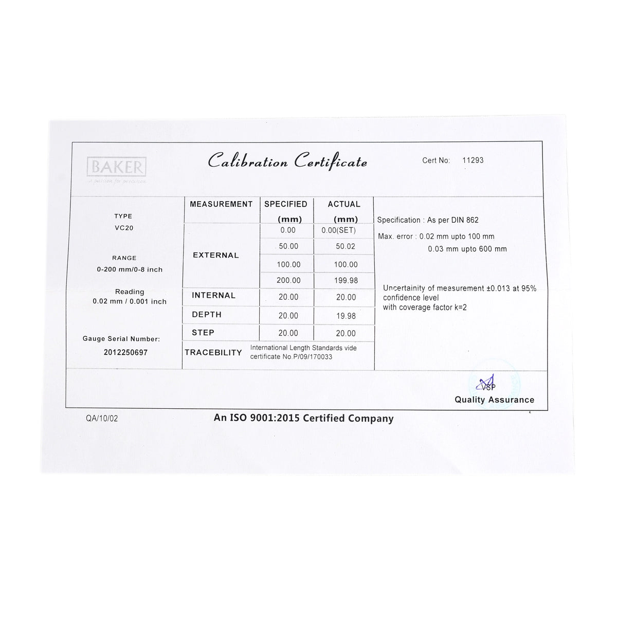 Calibration certificate with measurement details on a white background
