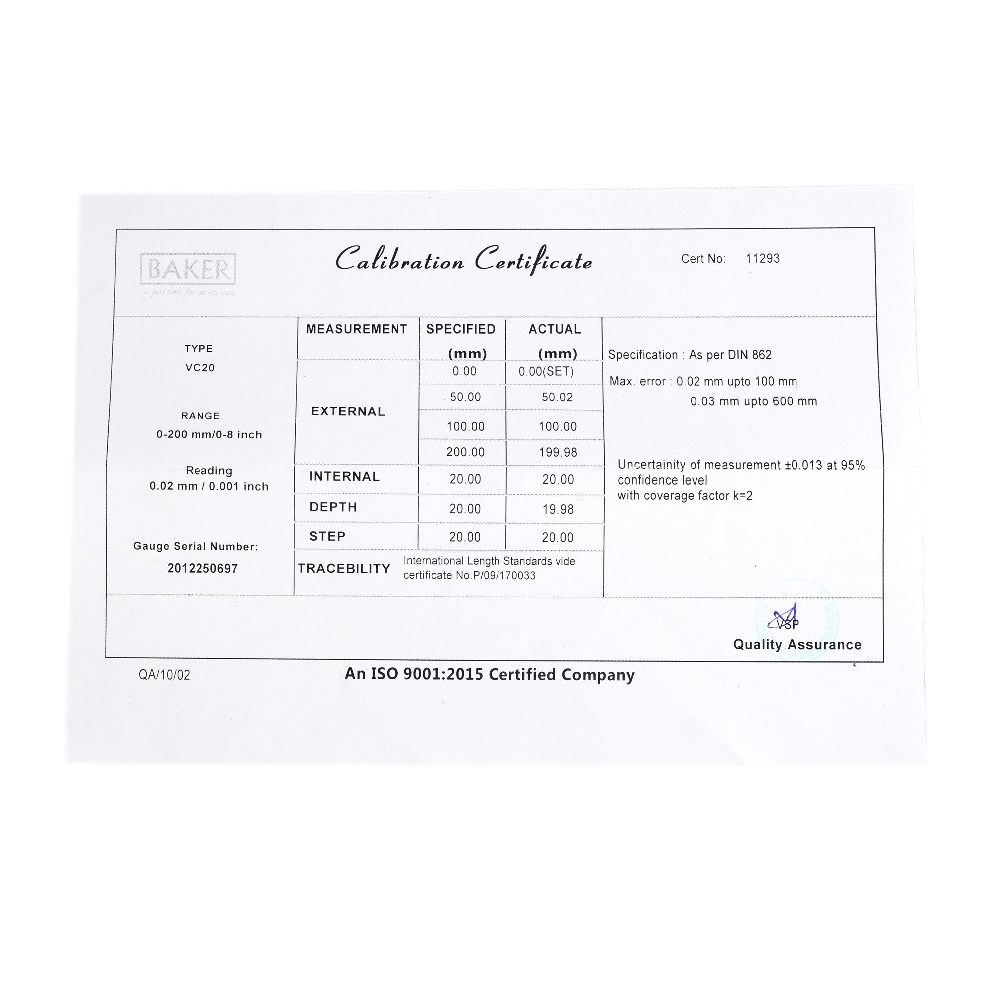 Calibration certificate with measurement details on a white background