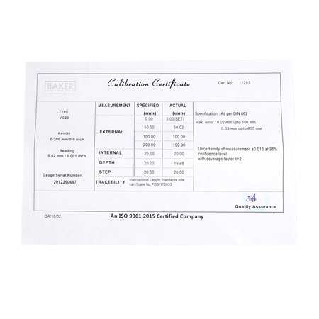 Calibration certificate with measurement details on a white background