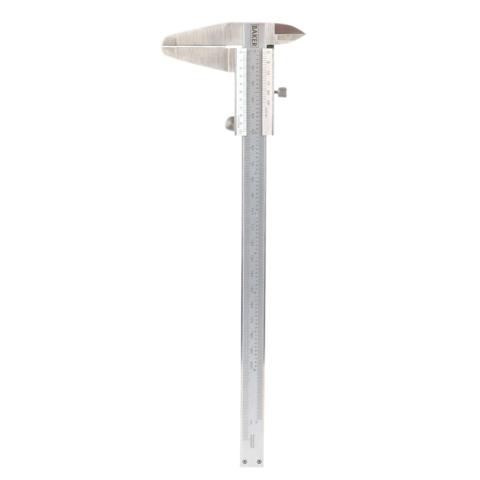A stainless steel vernier caliper with a range of 0-200 mm, featuring a dial for measurement.