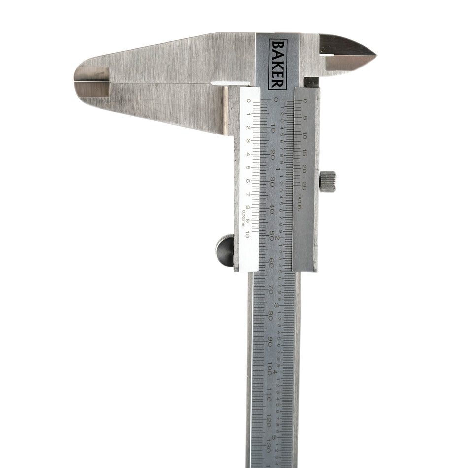 A silver-colored Baker VC-30 vernier caliper with a range of 0-300 mm, featuring a dial for measurements and stainless steel jaws.