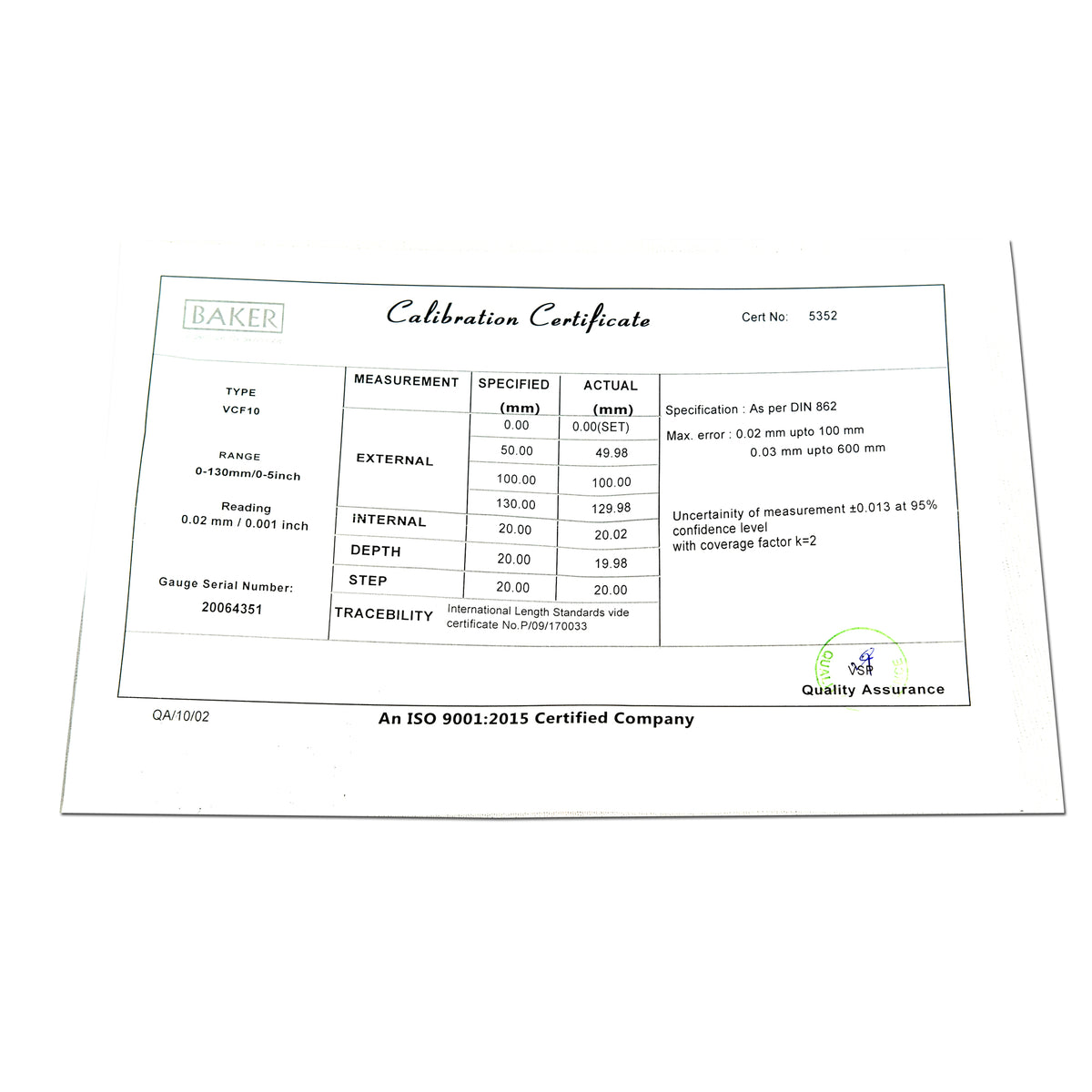 Baker VCF-10 Vernier Caliper Certificate