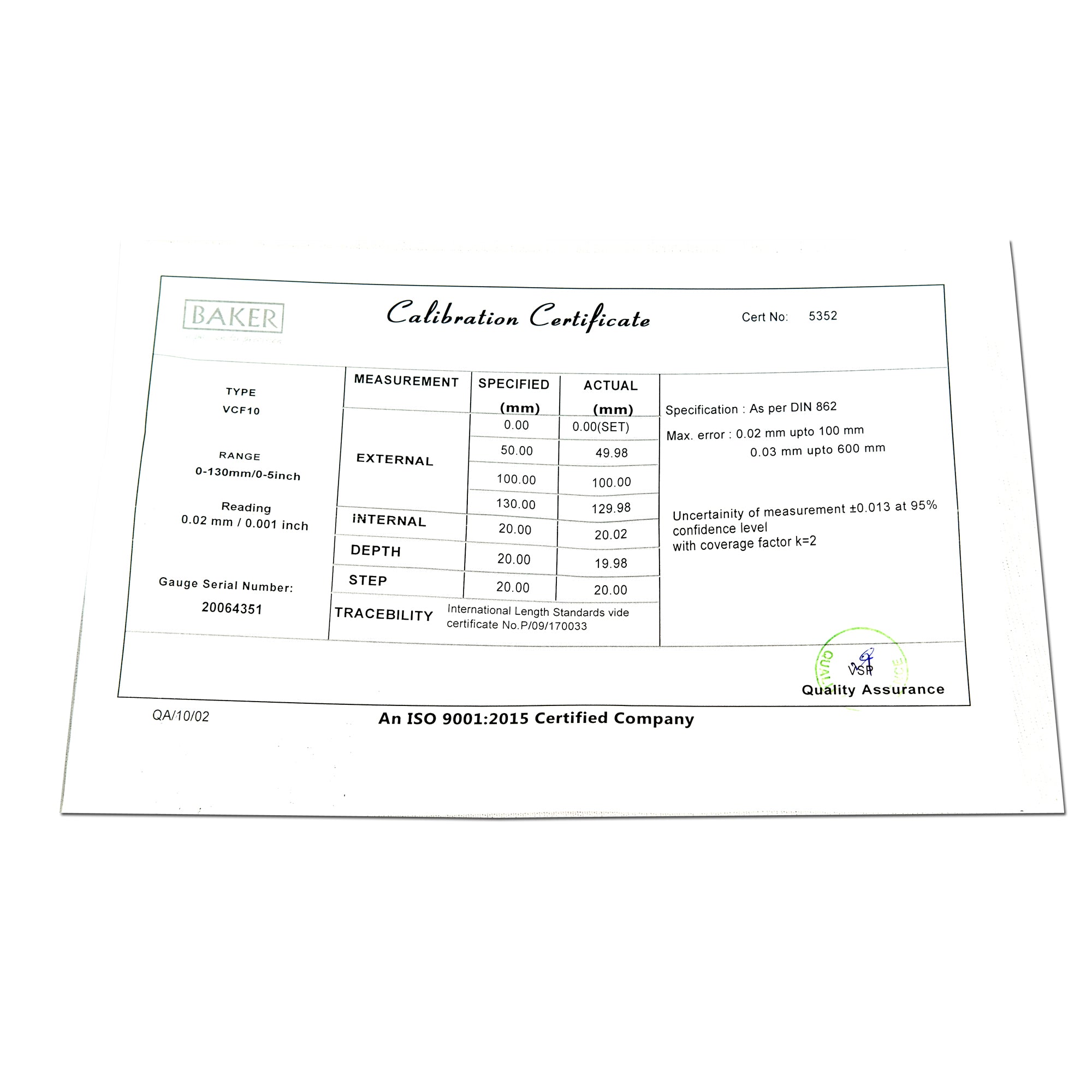 Baker VCF-10 Vernier Caliper Certificate