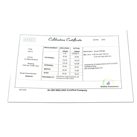 Baker VCF-10 Vernier Caliper Certificate