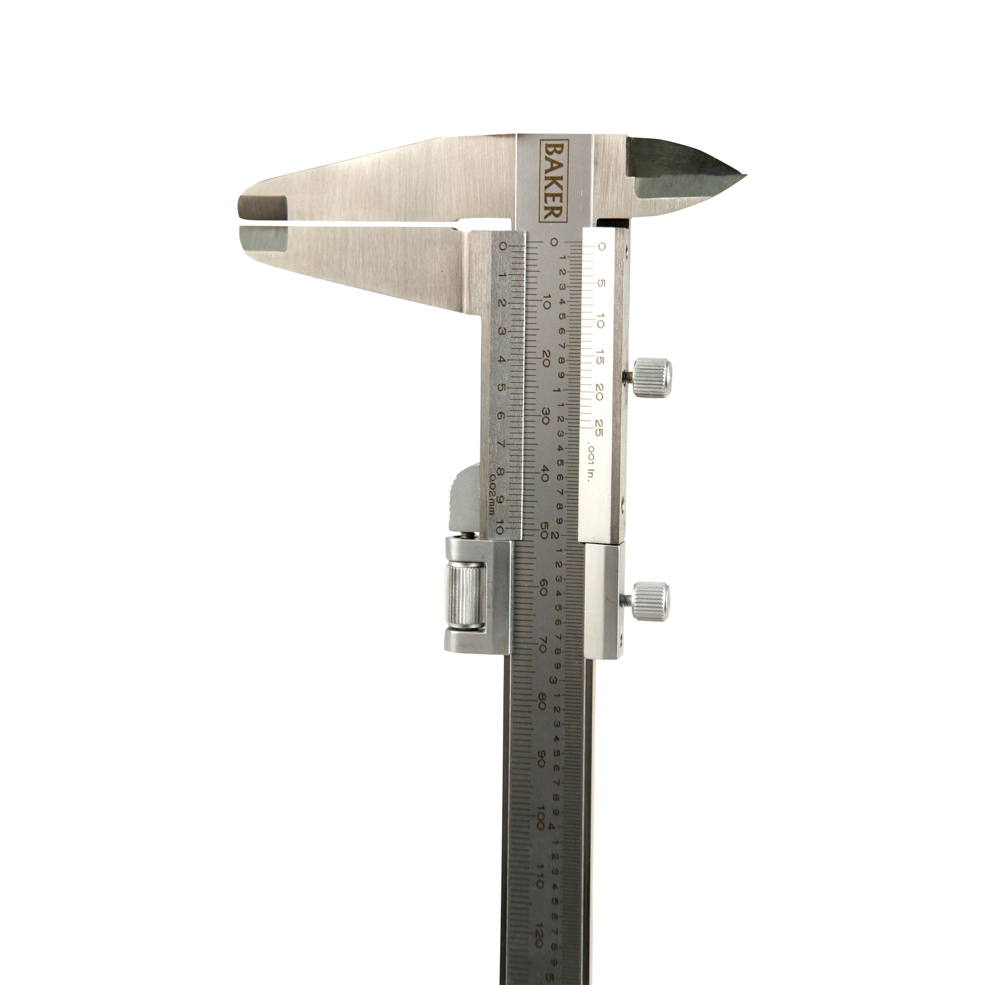 A silver-colored Baker VCF-20 vernier caliper with a range of 0-180 mm, featuring hardened and ground stainless steel jaws and a measurement scale.
