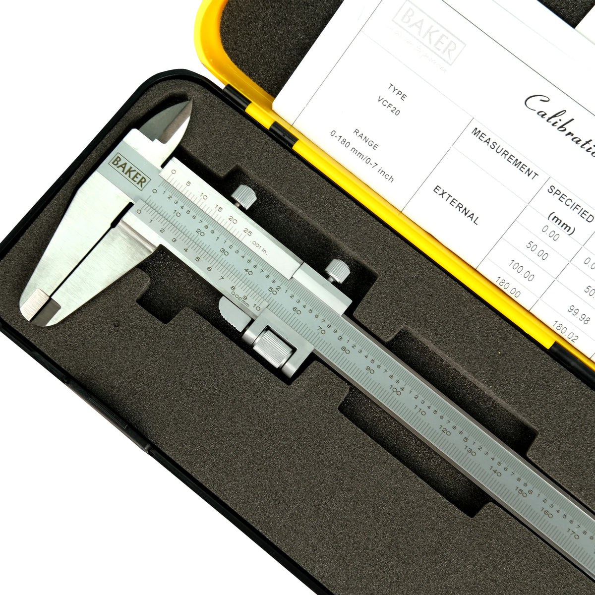 Caliper in a black case with yellow interior, showing 'Baker' branding.