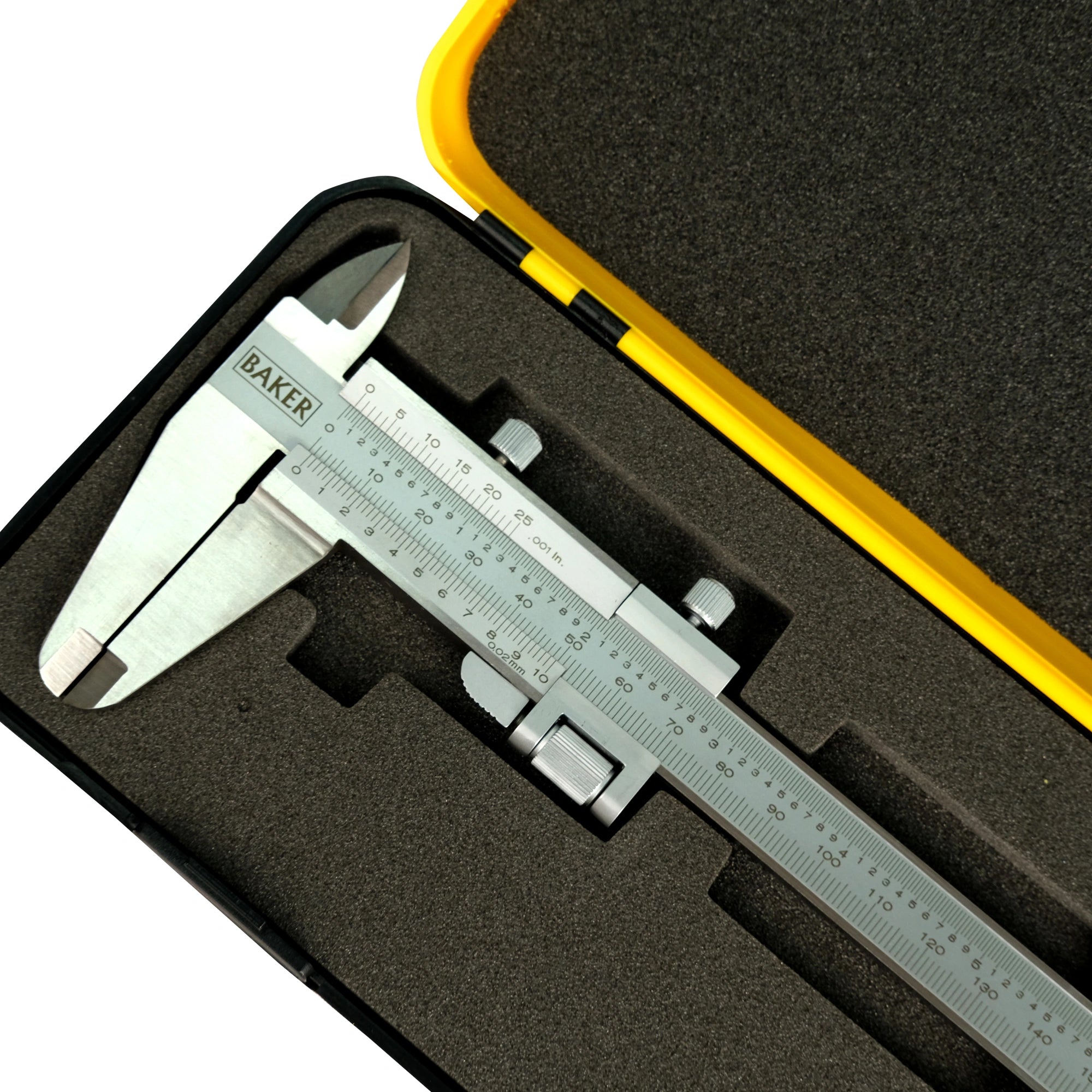 Baker vernier caliper in a black case with yellow interior