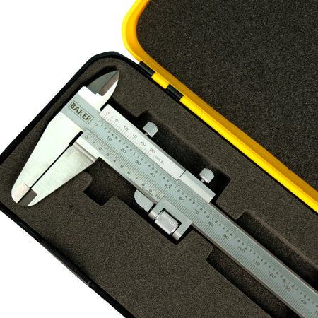 Baker vernier caliper in a black case with yellow interior