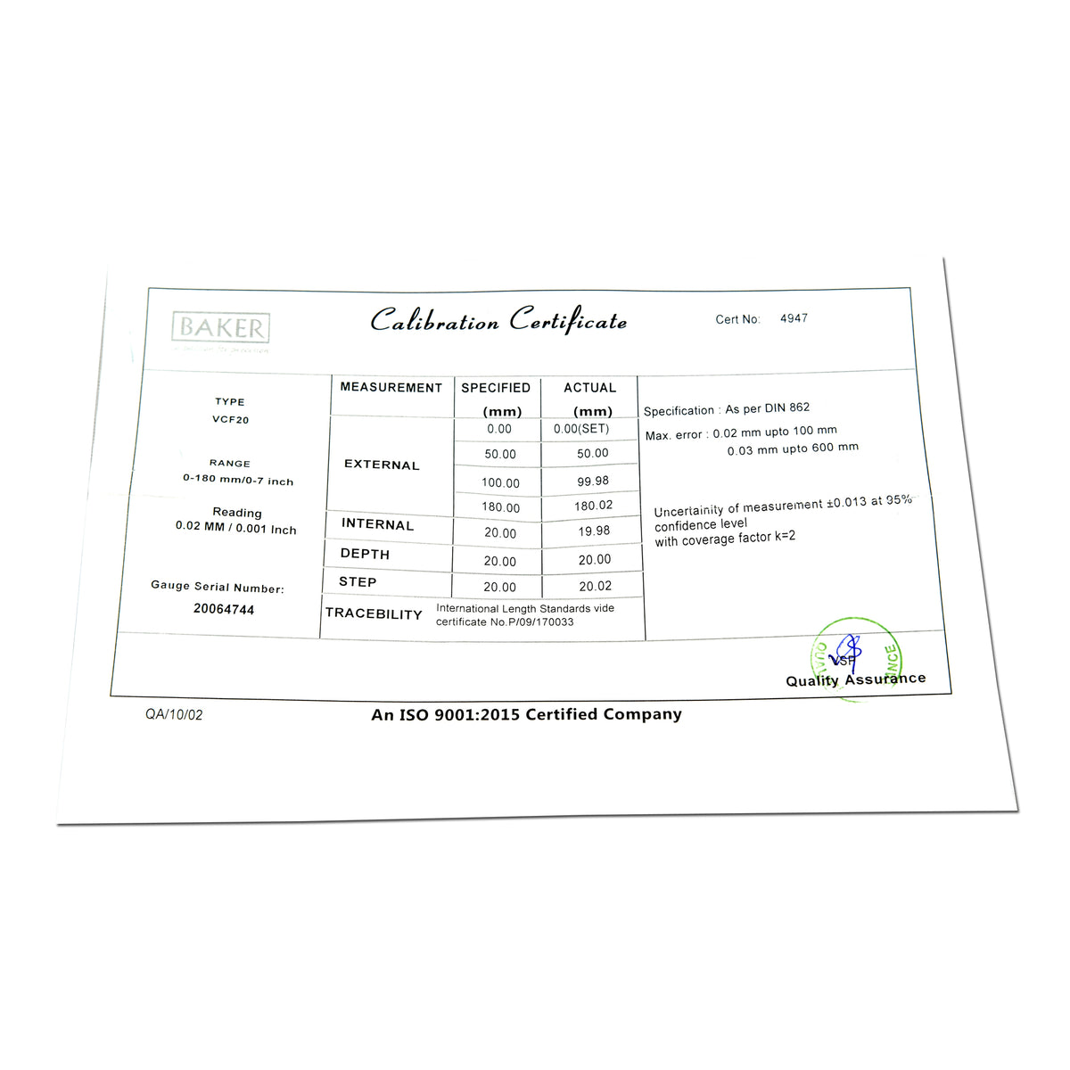 Baker VCF-20 Vernier Caliper