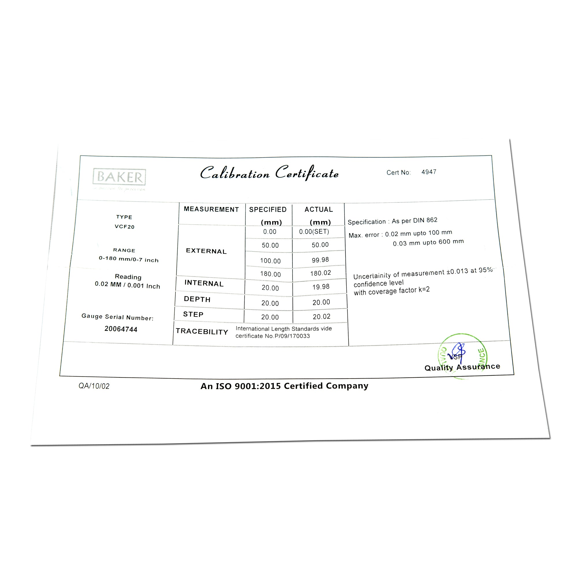 Baker VCF-20 Vernier Caliper