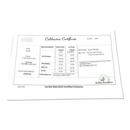Baker VCF-20 Vernier Caliper