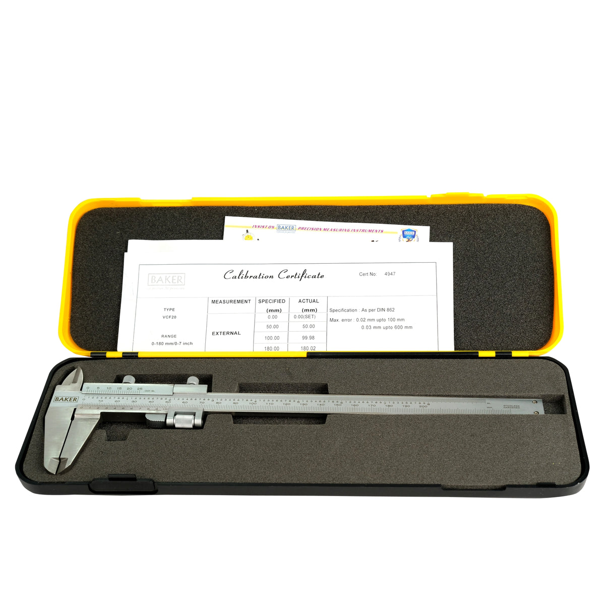 Caliper in a black case with a yellow lid on a white background