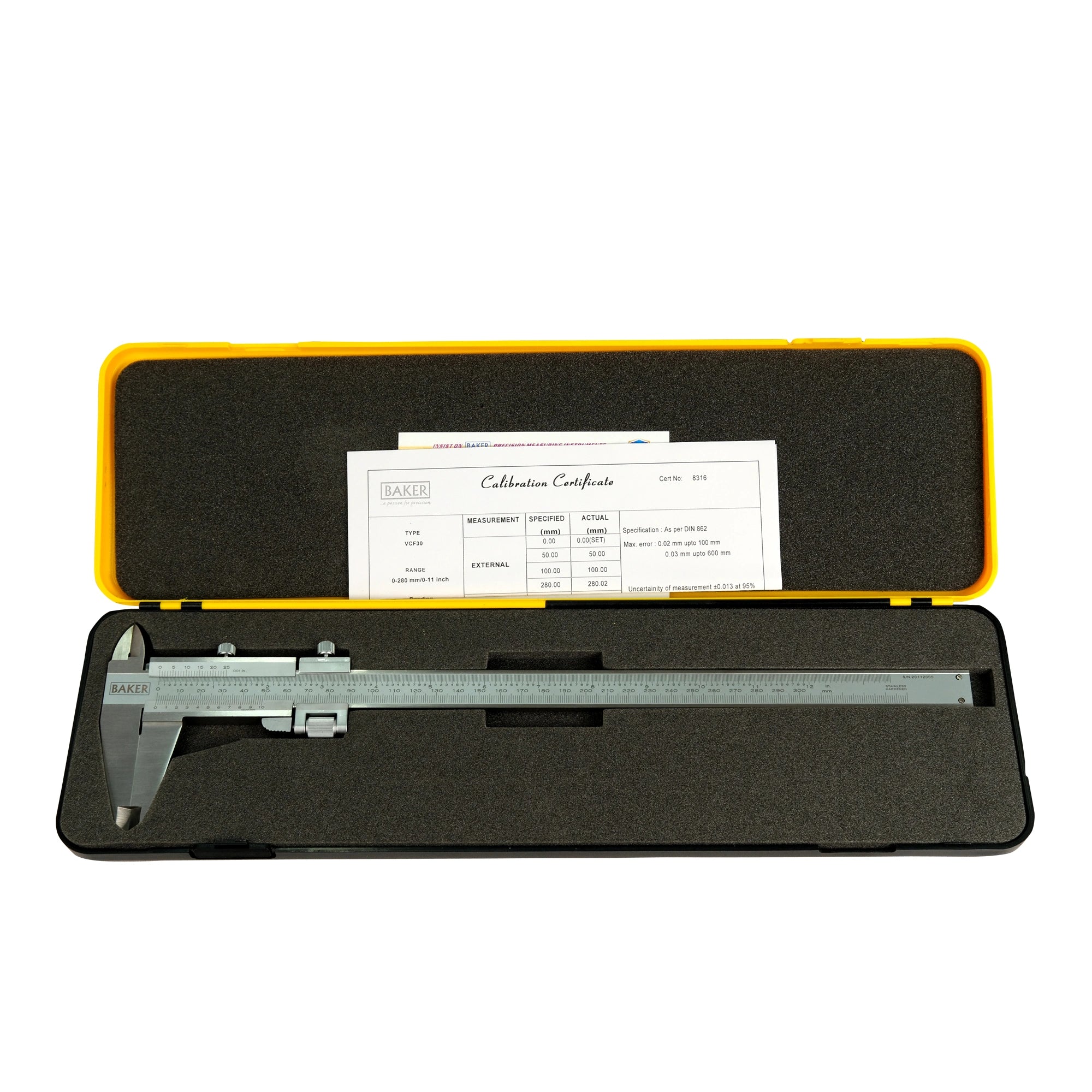 Caliper with calibration certificate in a yellow and black case on a white background