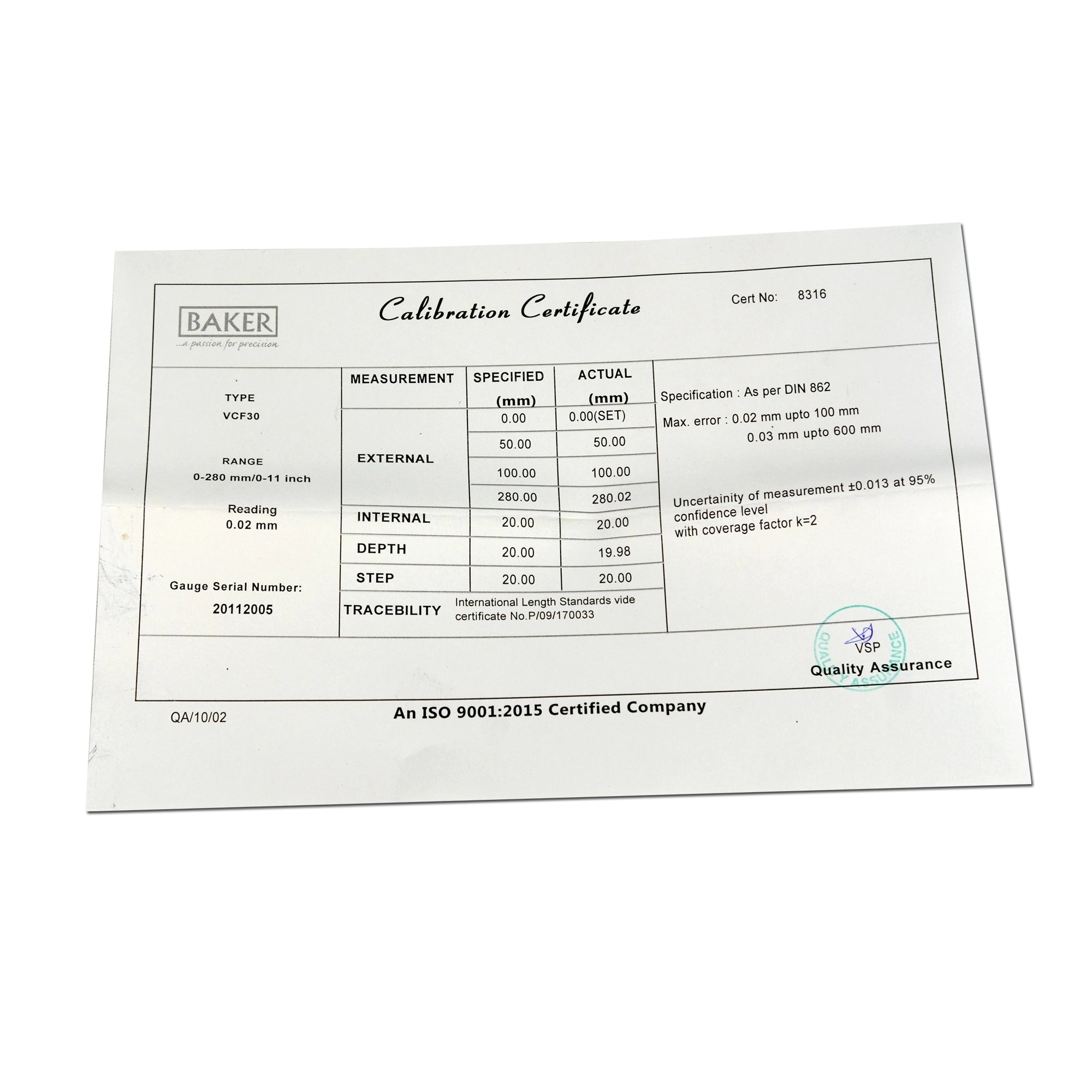 Calibration certificate from Baker on a white background