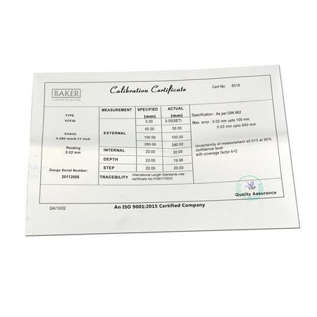 Calibration certificate from Baker on a white background