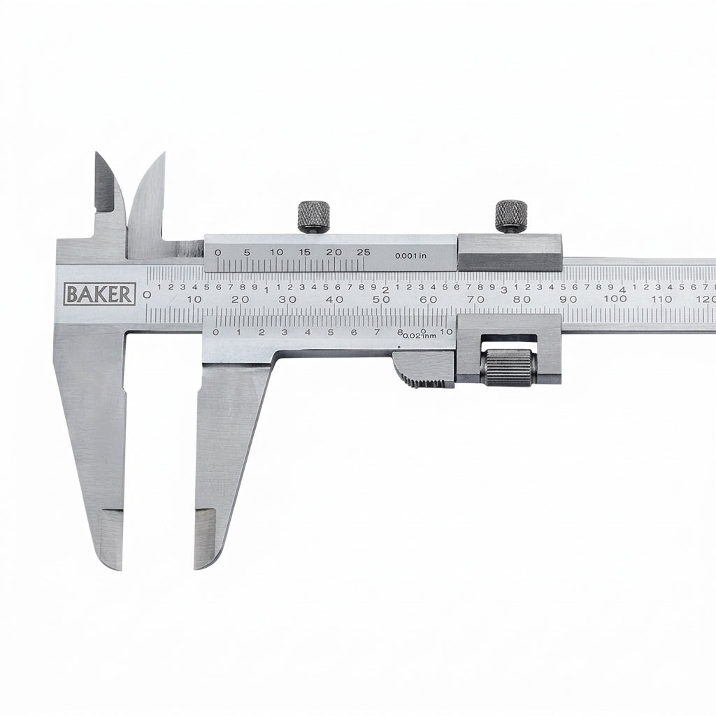 Silver vernier caliper with 'Baker' branding on a white background