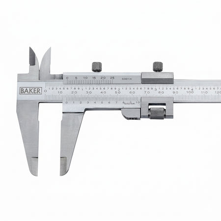 Silver vernier caliper with 'Baker' branding on a white background